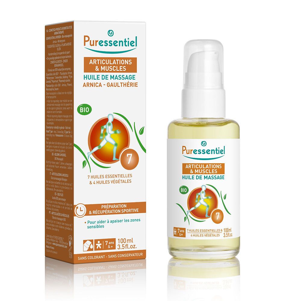 Puressentiel BIO Massageolie spierinspanning. Fles en verpakking. Oranje tekst, groen logo, BIO-label.