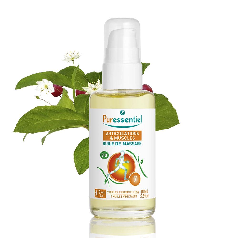 Puressentiel BIO Massageolie spierinspanning. Fles met planten. Oranje tekst, groen logo, BIO-label.