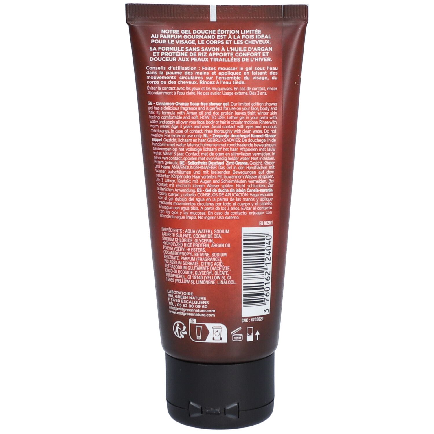 Dos du tube "MKL Gel Douche Édition Limitée Cannelle Orange". Texte, ingrédients et symboles.