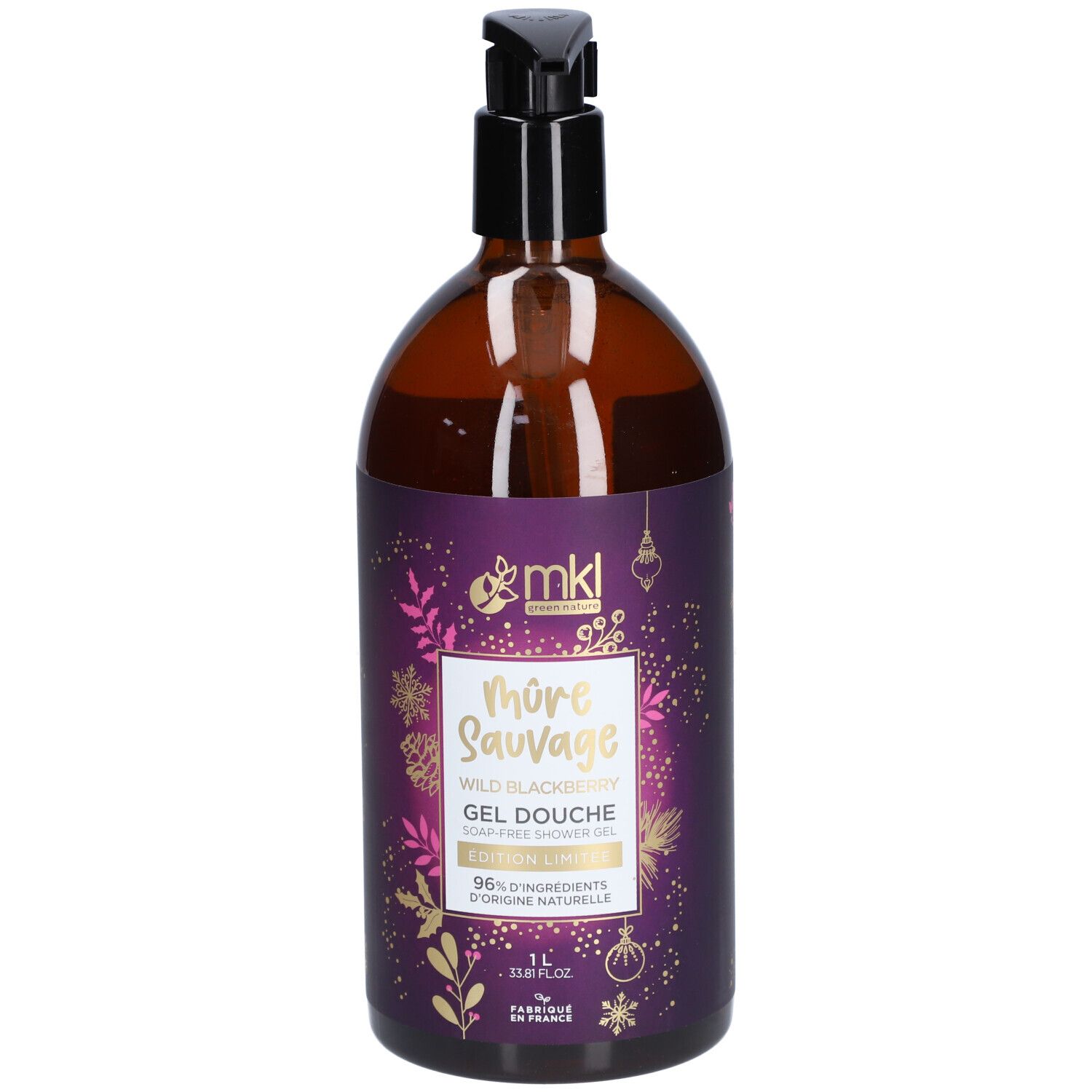 Flacon marron avec pompe noire. Étiquette violette avec texte: Mûre Sauvage, Gel Douche. 1L.