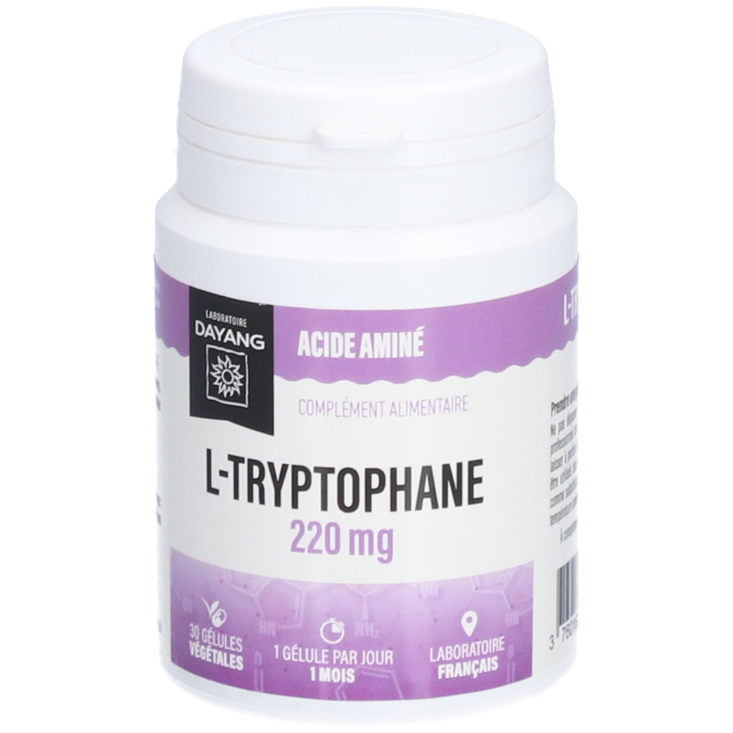 Weißes Kunststoff-Behälter mit lila Etikett. Aufschrift: L-Tryptophan 220 mg, DAYANG. 30 vegetarische Kapseln.