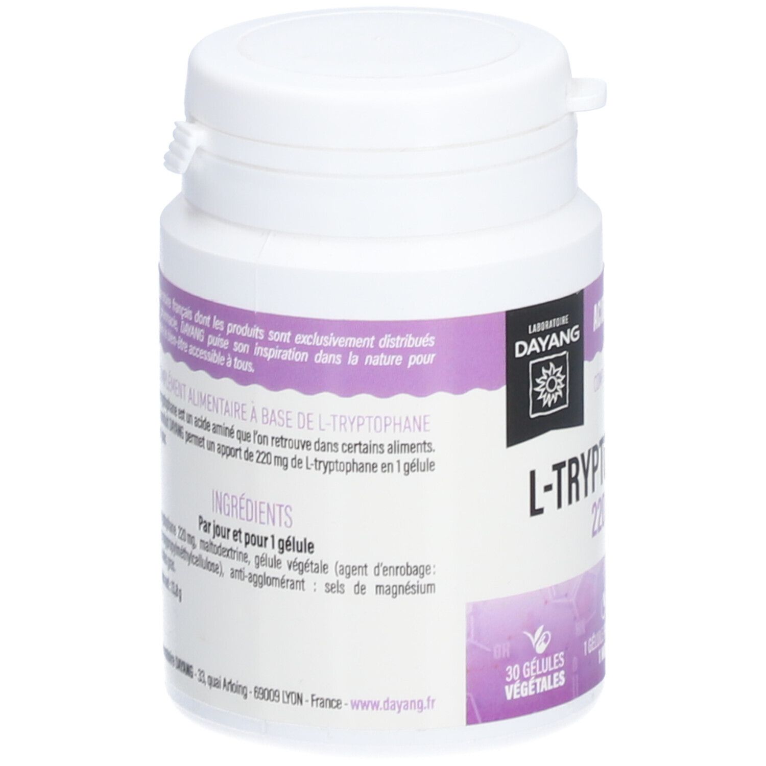 Weißer Kunststoff-Behälter mit lila Etikett. Aufschrift: L-Tryptophan 220 mg, DAYANG. Rückseite mit Inhaltsstoffen.