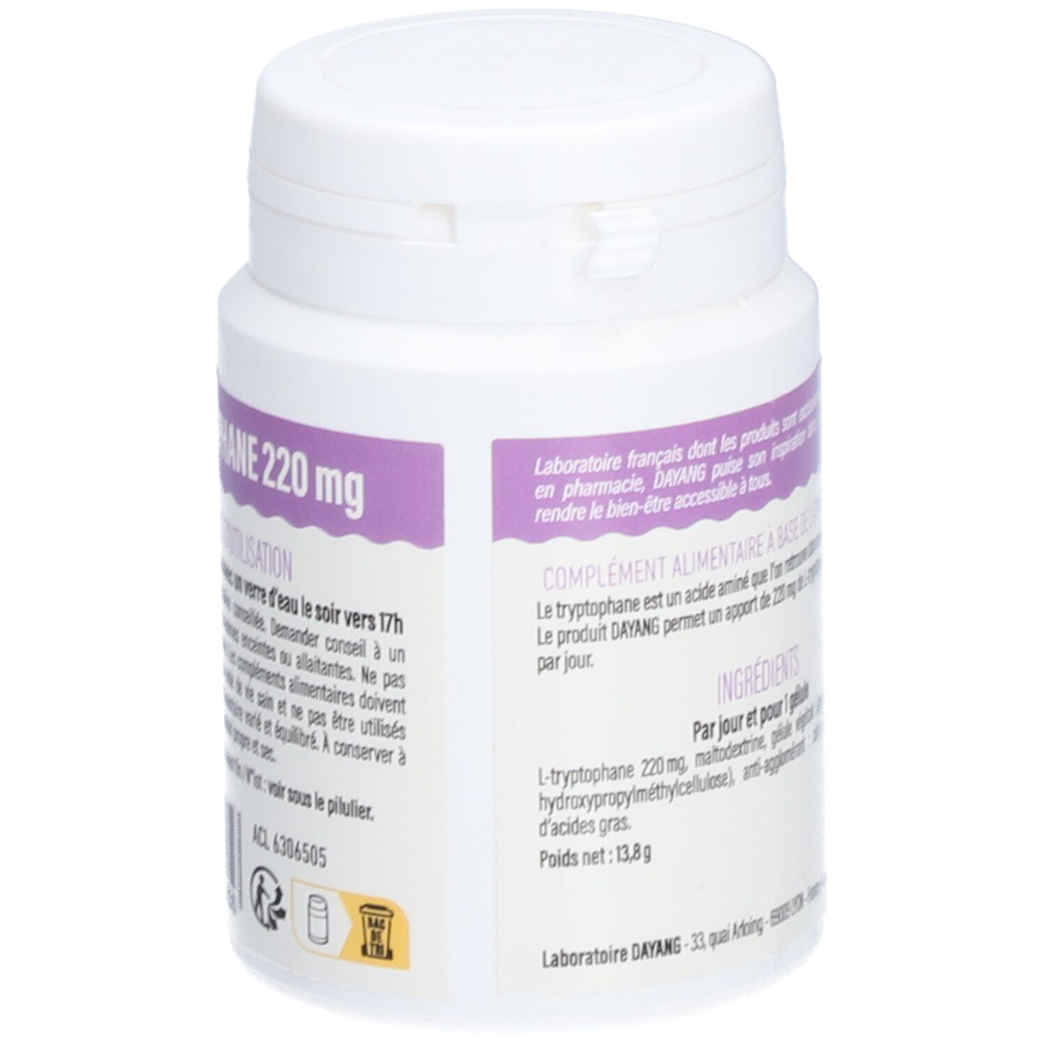 Weißer Kunststoff-Behälter mit lila Etikett. Aufschrift: L-Tryptophan 220 mg, DAYANG. Rückseite mit Gebrauchsanweisung.