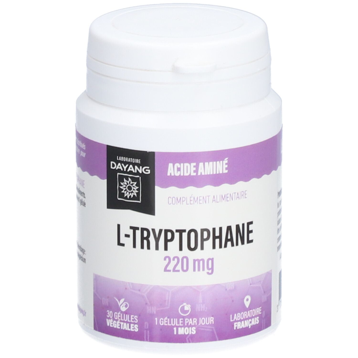 Weißer Kunststoff-Behälter mit lila Etikett. Aufschrift: L-Tryptophan 220 mg, DAYANG. 30 vegetarische Kapseln.