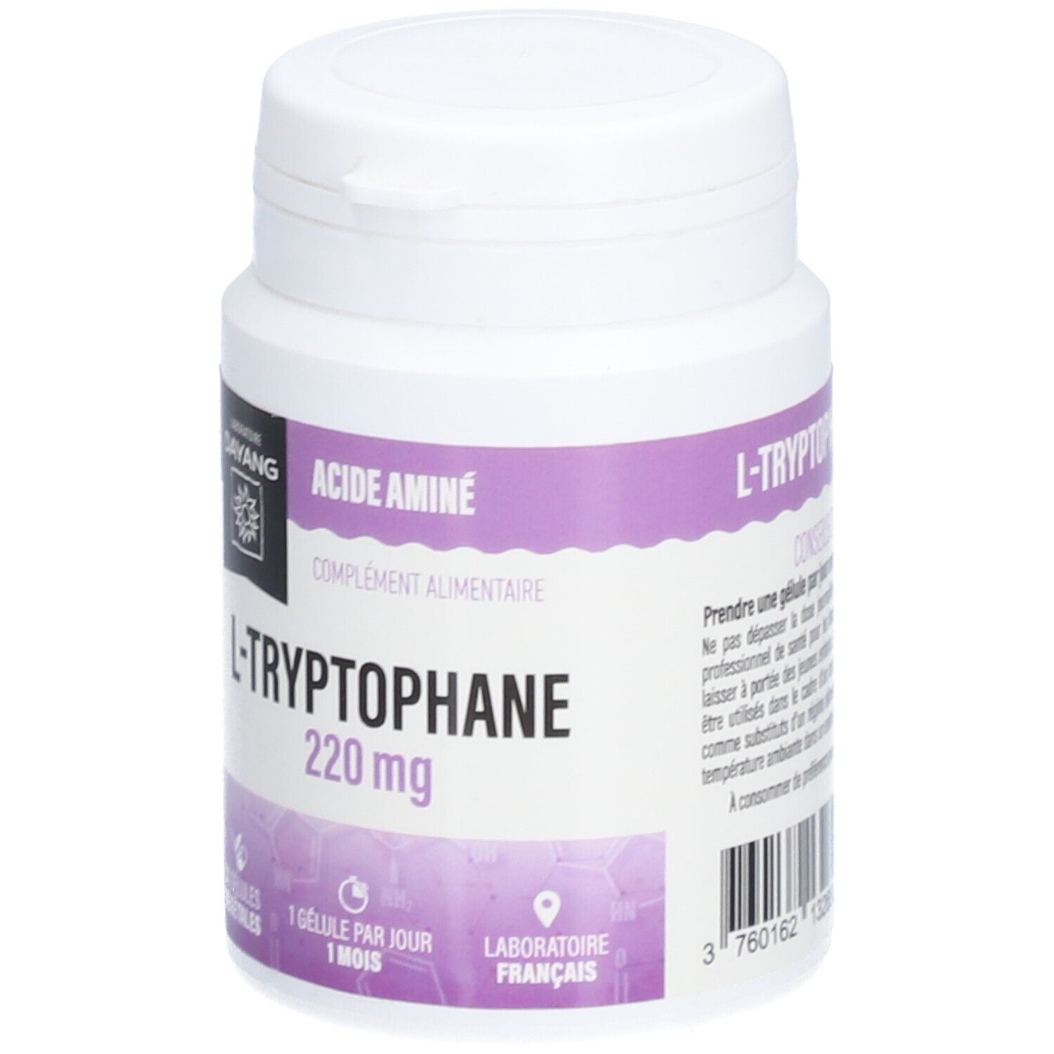 Weißer Kunststoff-Behälter mit lila Etikett. Aufschrift: L-Tryptophan 220 mg, DAYANG. 30 vegetarische Kapseln.