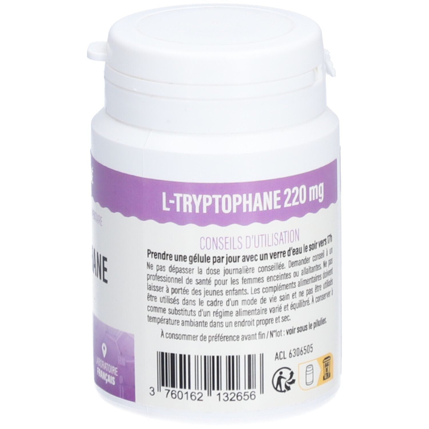 Weißer Kunststoff-Behälter mit lila Etikett. Aufschrift: L-Tryptophan 220 mg. Rückseite mit Gebrauchsanweisung.