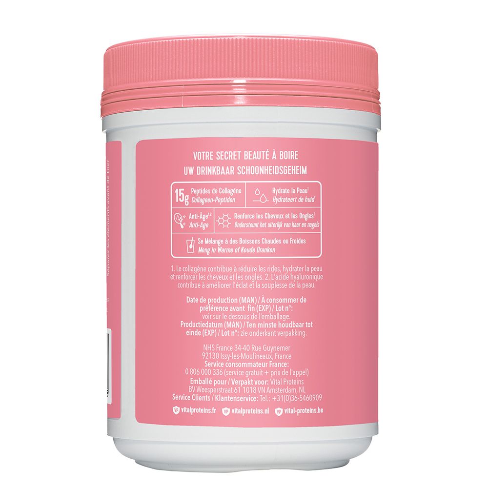 Rückseite des weißen Produktglases mit rosa Deckel. Text und Informationen auf rosa Hintergrund.