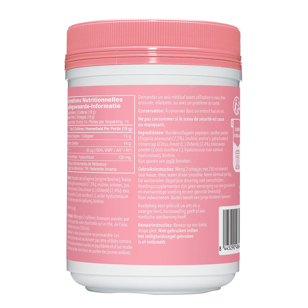 Rückseite des weißen Produktglases mit rosa Deckel. Text und Informationen auf rosa Hintergrund.