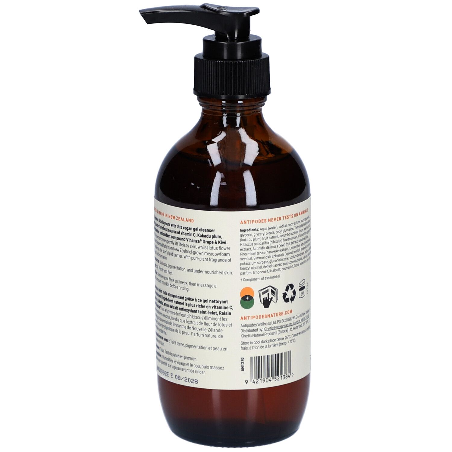 Bruine glazen fles met zwarte pomp. Achterkant met tekst en symbolen. Vegan certificering.