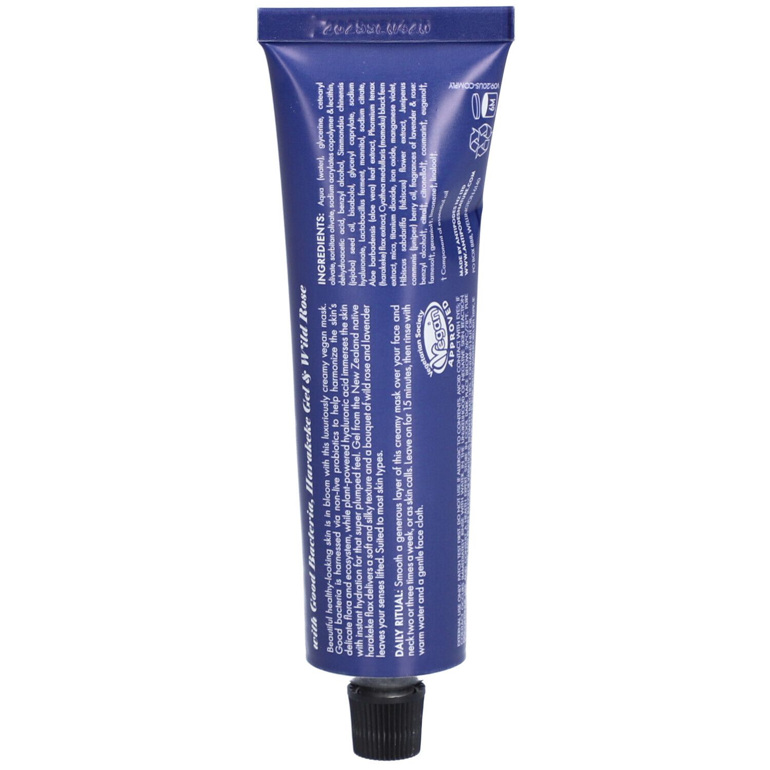 Rückseite der blauen Tube. Text mit Inhaltsstoffen und Anwendungshinweisen. Schwarzer Verschluss.