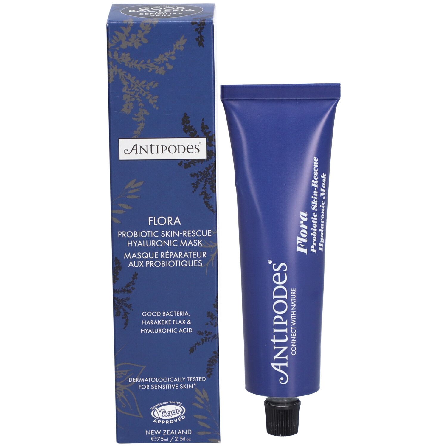 Produktverpackung und Tube. Blaue Verpackung mit Schriftzug: Antipodes, Flora Probiotic Skin-Rescue Hyaluron Maske.