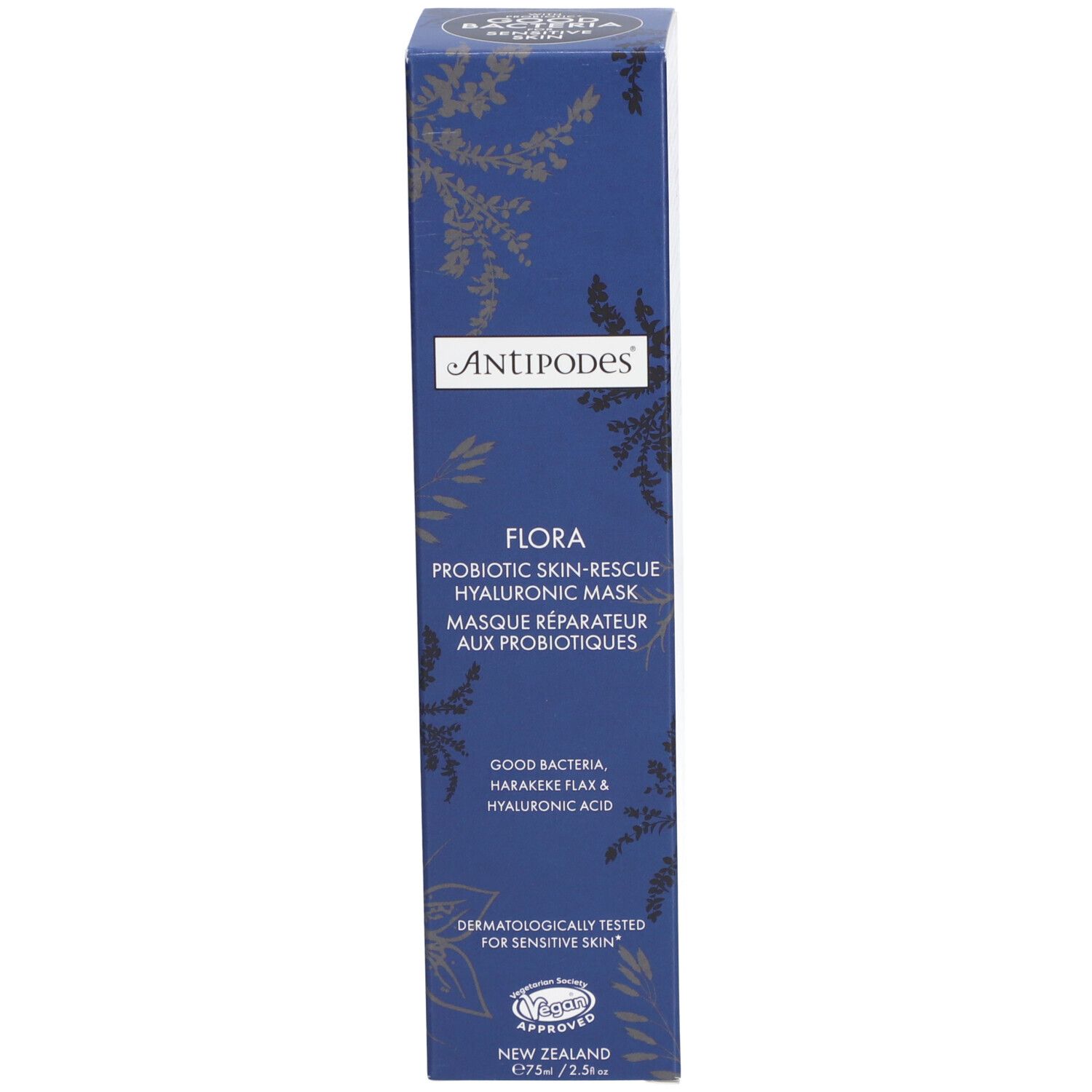 Blaue Produktverpackung. Schriftzug: Antipodes, Flora Probiotic Skin-Rescue Hyaluron Maske. Botanisches Muster.