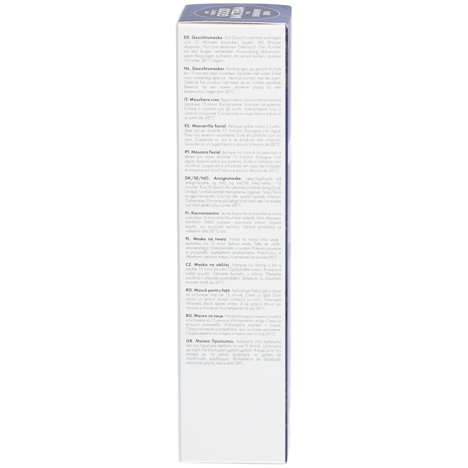 Blaue Produktverpackung. Text mit Anwendungshinweisen und Inhaltsstoffen. Botanisches Muster.