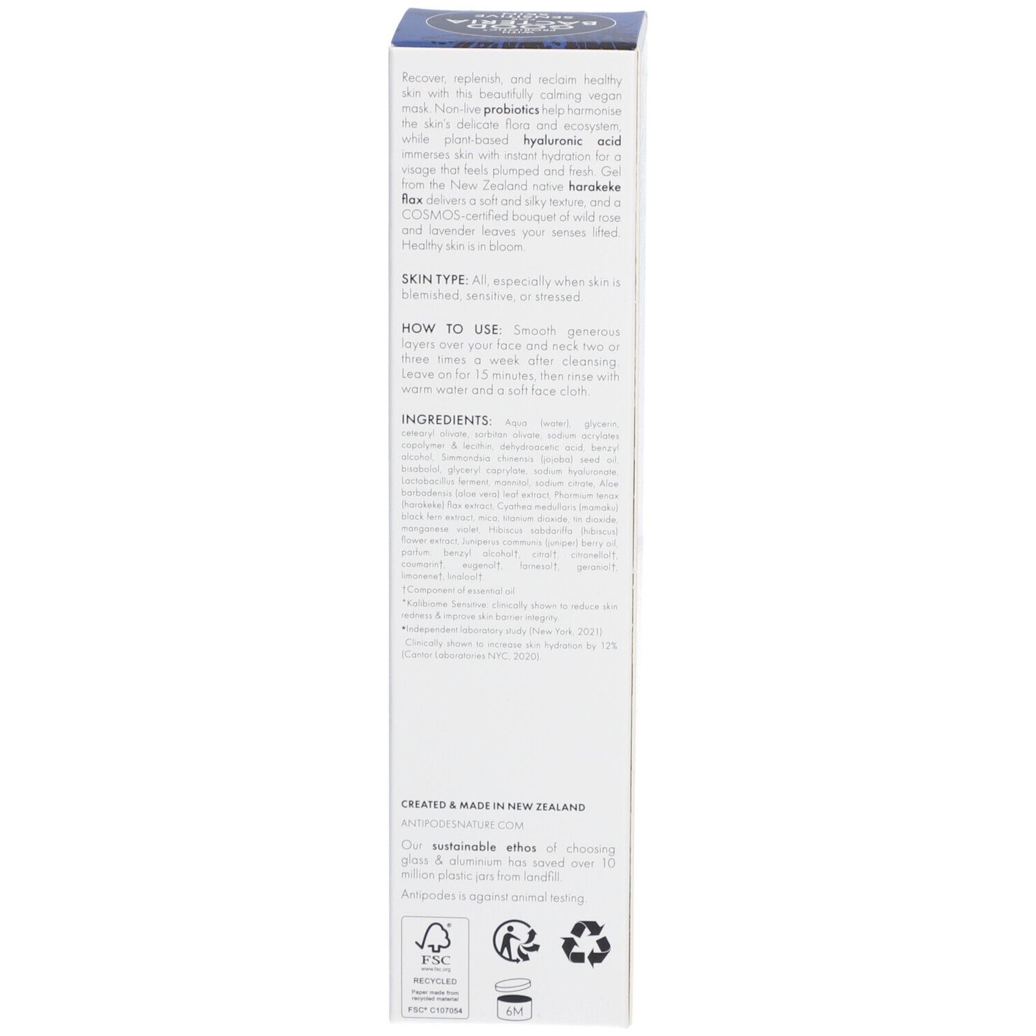 Blaue Produktverpackung. Text mit Anwendungshinweisen und Inhaltsstoffen. Botanisches Muster.