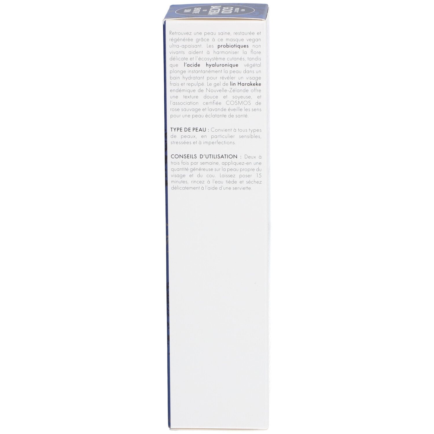 Blaue Produktverpackung. Text mit Anwendungshinweisen und Inhaltsstoffen. Botanisches Muster.