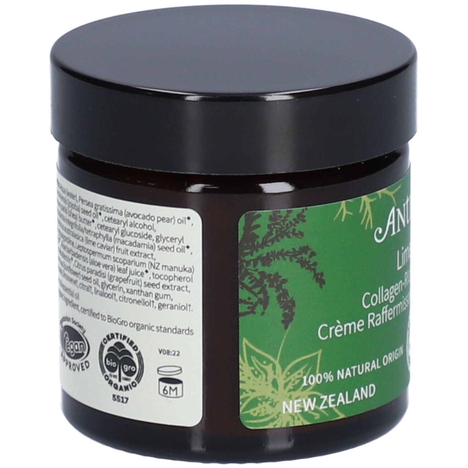 Rückansicht der Creme-Dose. Etikett mit Inhaltsstoffen und Bio-Siegel. Braunes Glas, schwarzer Deckel.