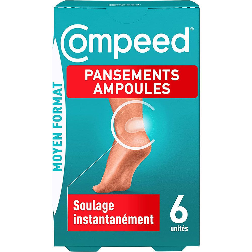 Boîte de pansements Compeed ampoules, format moyen. Contient 6 unités. Un pied est illustré sur l'emballage.