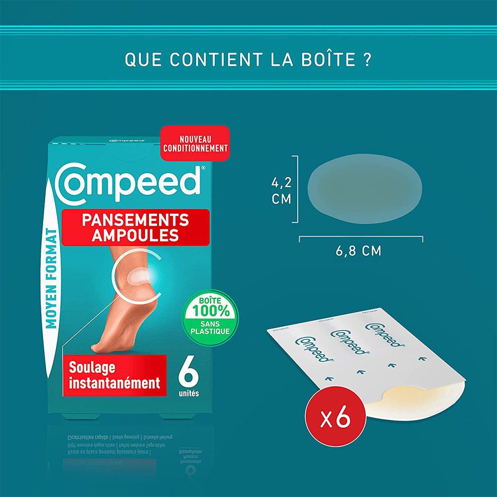 Boîte de pansements Compeed ampoules, format moyen. Contient 6 pansements. Montre un pansement et la taille: 4,2 x 6,8 cm.