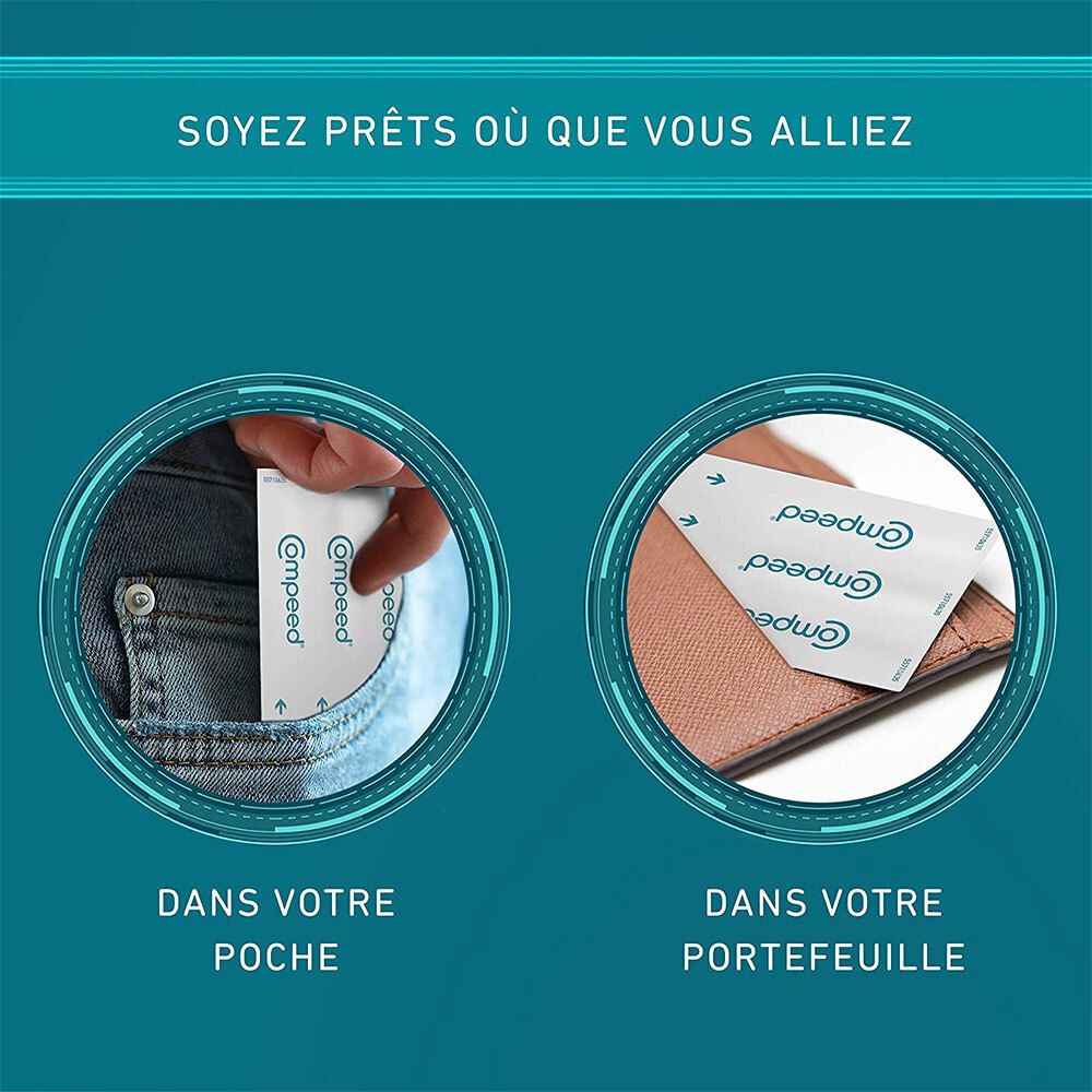 Deux scènes: pansement dans une poche et dans un portefeuille. Emballage de pansements Compeed ampoules.