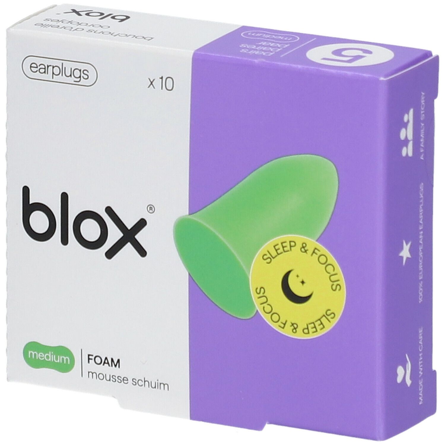Boîte de bouchons d'oreille blox® verts. Inscription Sleep & Focus. 10 pièces. Medium.