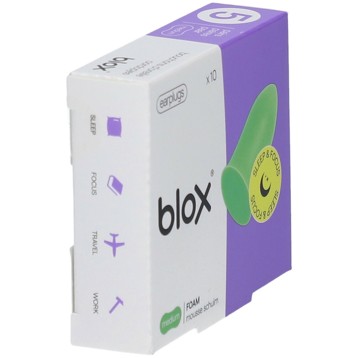 Boîte de bouchons d'oreille blox® verts. Inscription Sleep & Focus. 10 pièces. Medium.