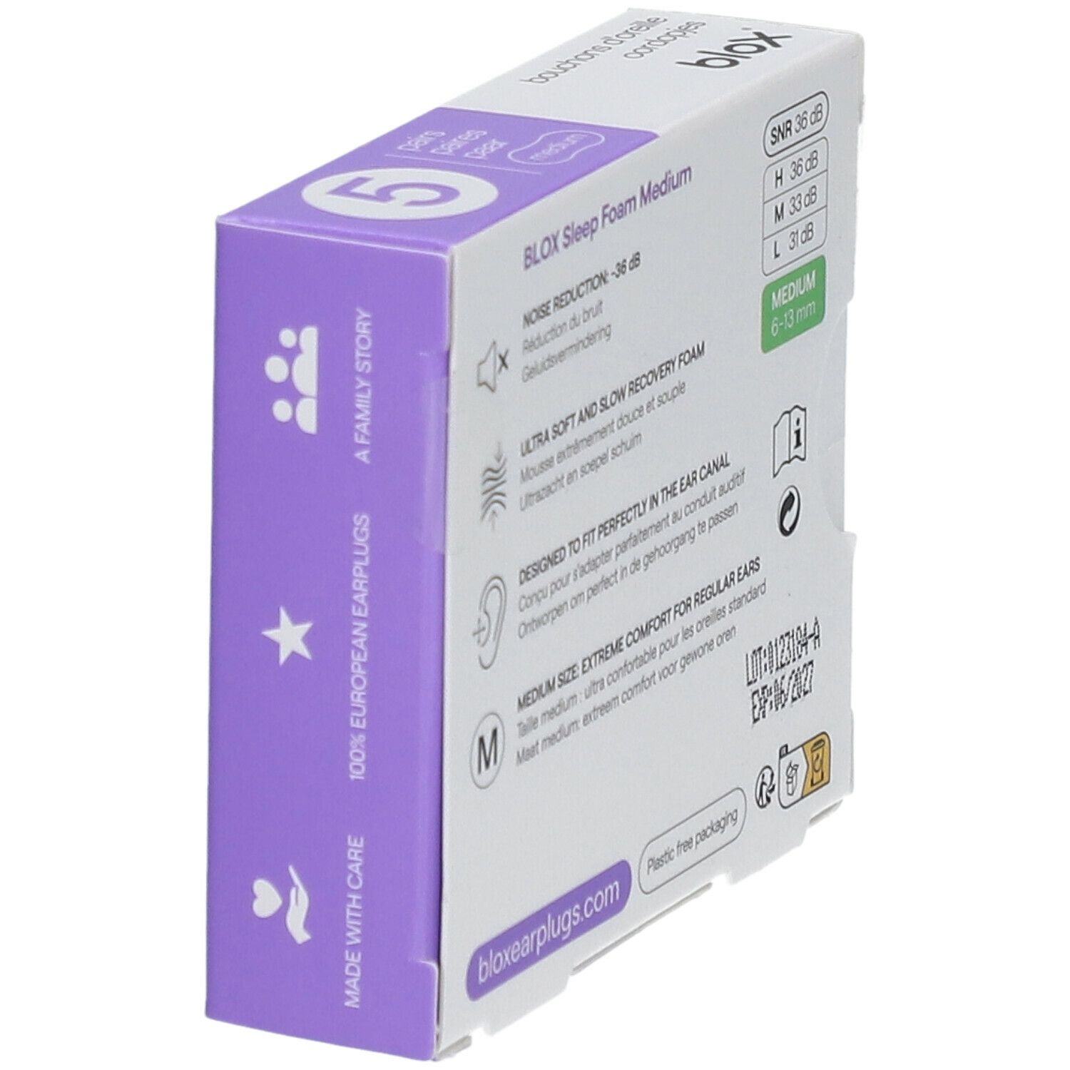 Dos de la boîte avec informations sur les bouchons d'oreille blox®. Taille Medium. SNR 36 dB.
