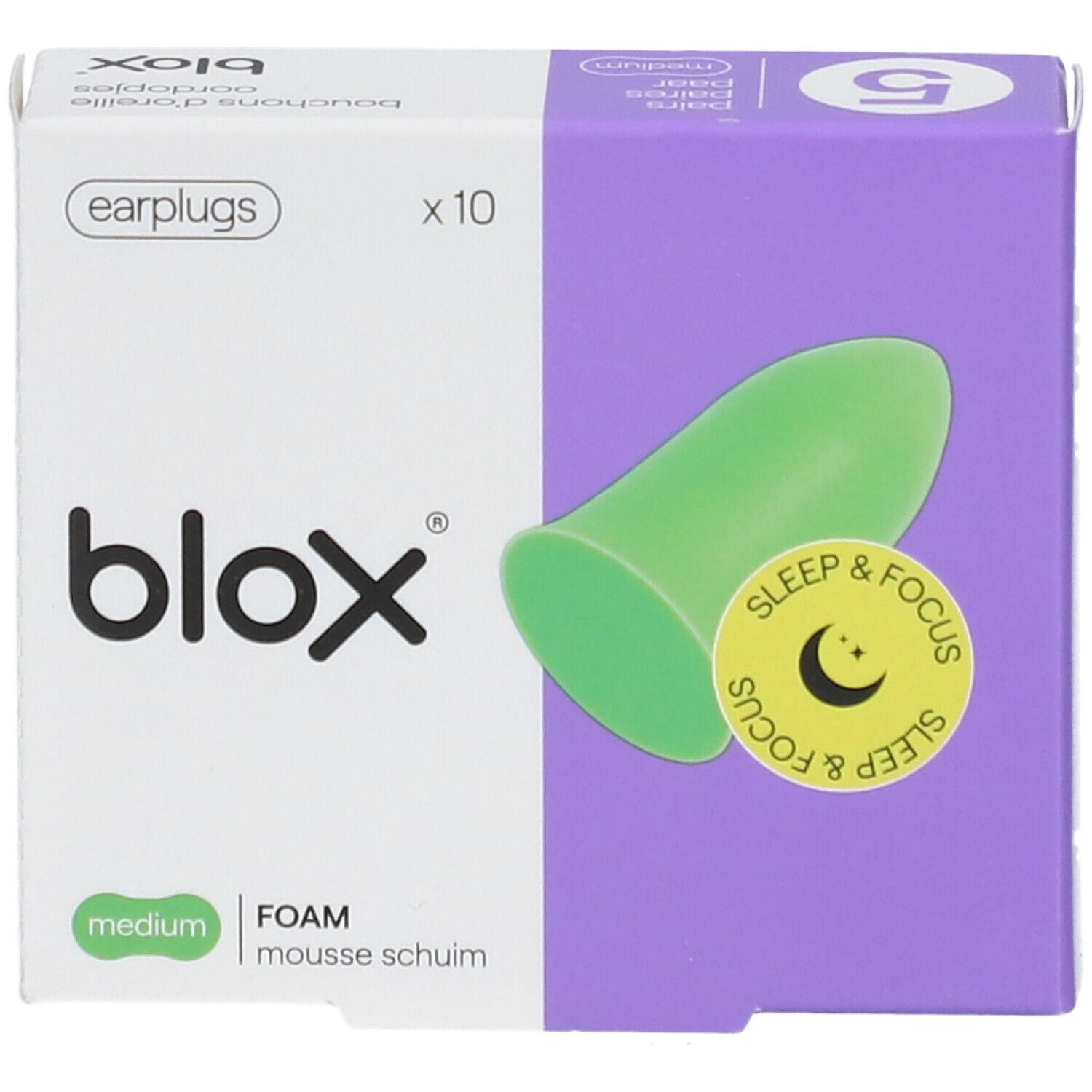 Boîte de bouchons d'oreille blox® verts. Inscription Sleep & Focus. 10 pièces. Medium.