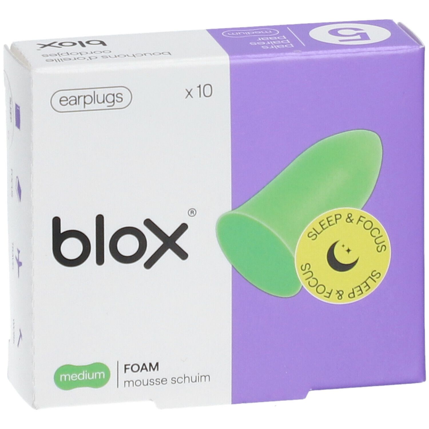 Boîte de bouchons d'oreille blox® verts. Inscription Sleep & Focus. 10 pièces. Medium.