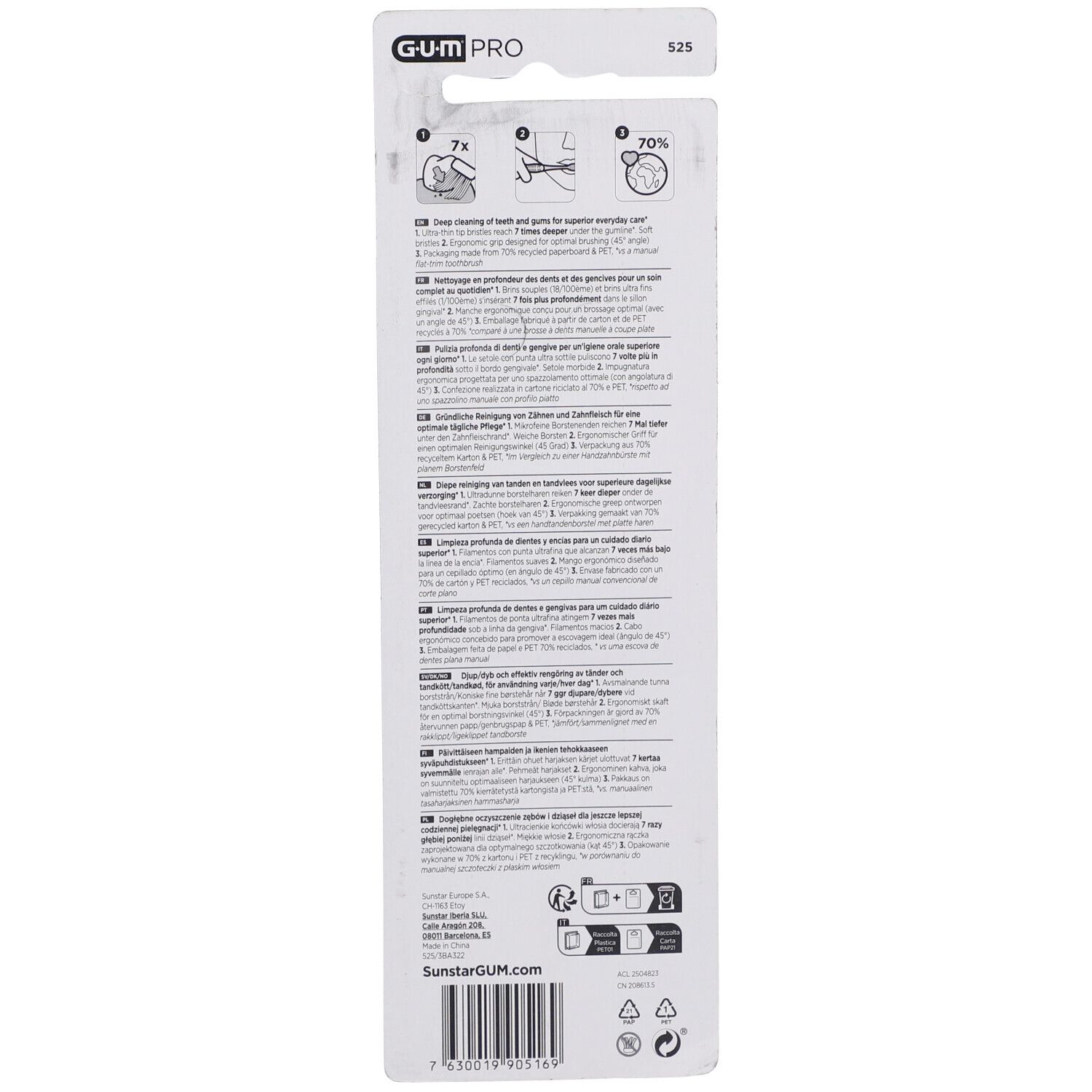 Rückseite der Blisterverpackung mit Produktinformationen. GUM® PRO, 7x tiefere Reinigung.