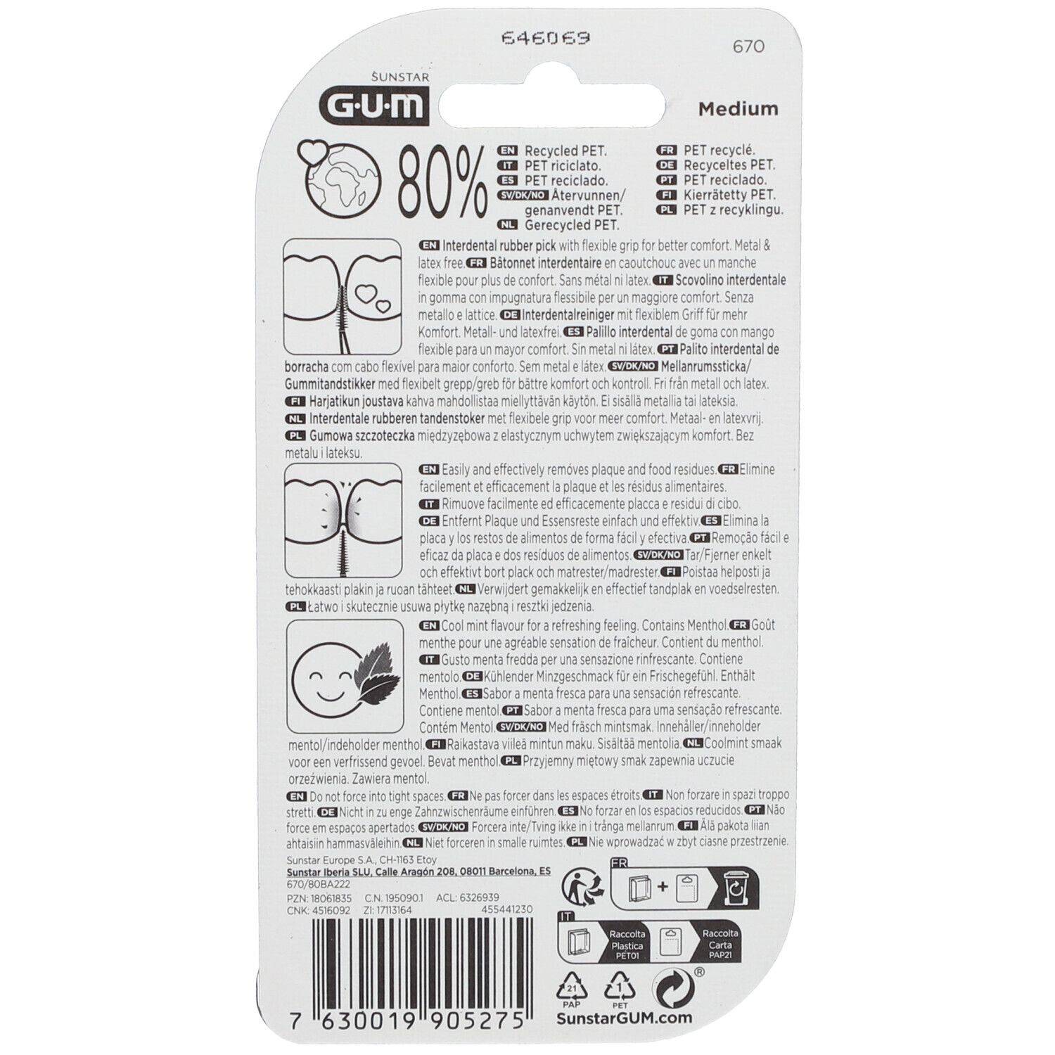 Achterkant van de GUM Soft-Picks Comfort Flex verpakking. Tekst: 80% gerecycled PET. Medium. Illustraties en pictogrammen.