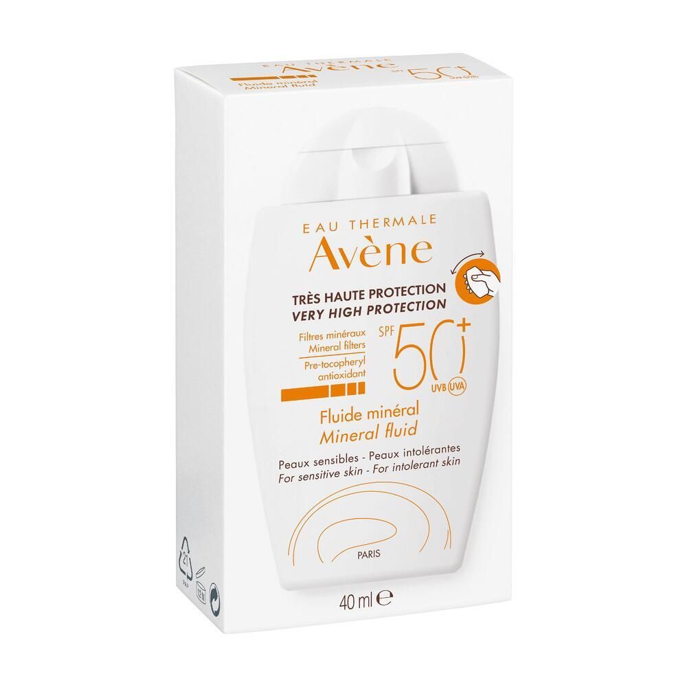 Verpakking zonnebrandcrème. Opschrift: Eau Thermale Avène, SPF 50+. Mineral Fluid. 40 ml.