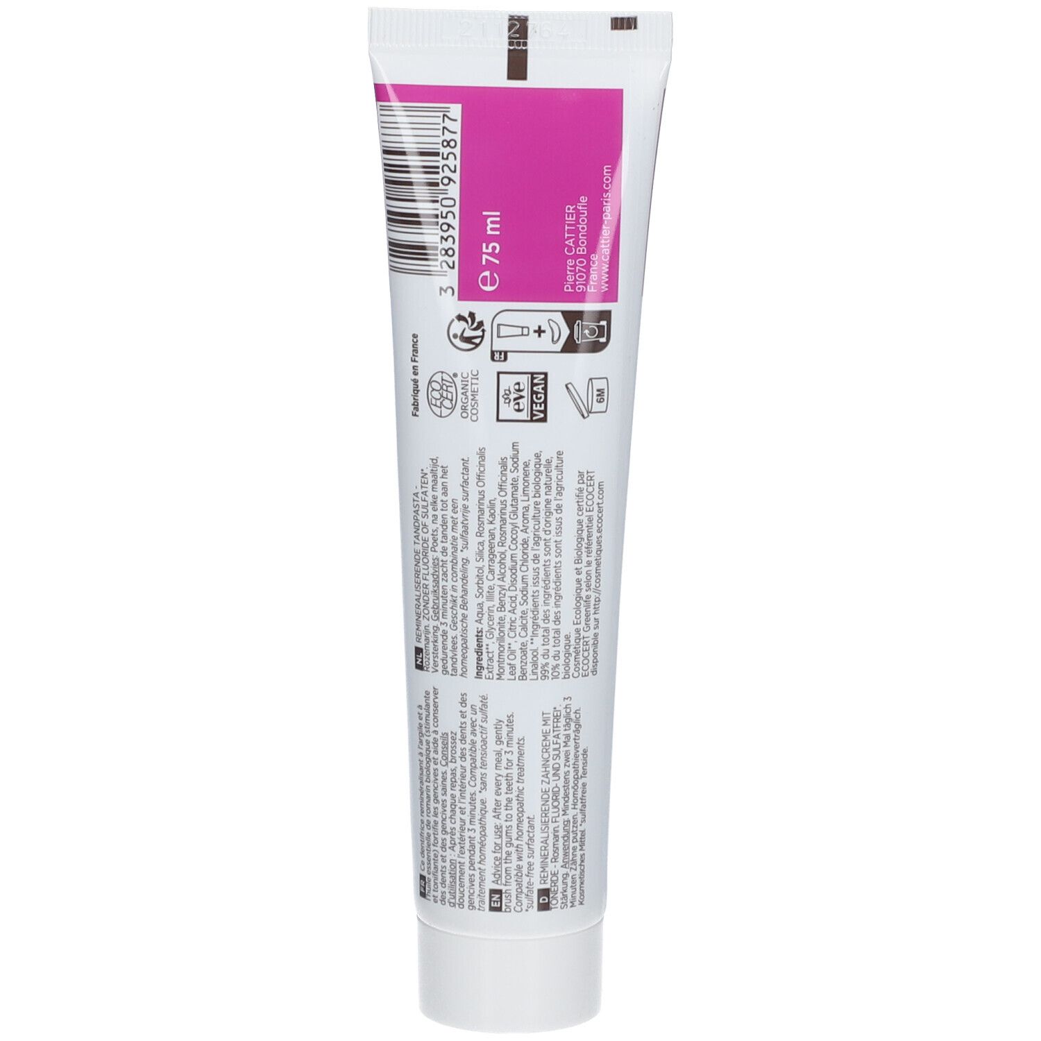 Tube de dentifrice blanc avec encart rose. Texte: 75 ml, Vegan, COSMOS ORGANIC. Code-barres et ingrédients visibles.