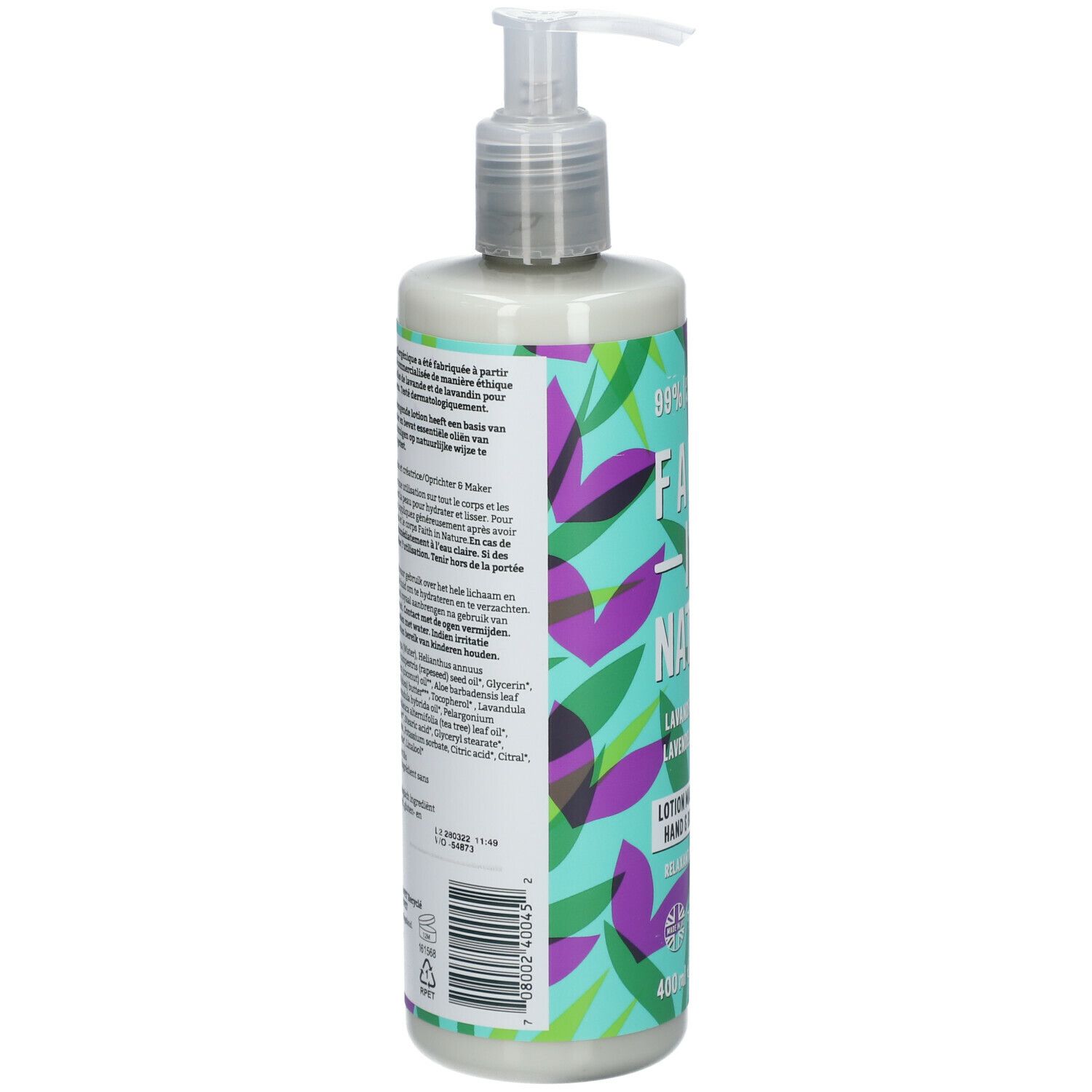 Flacon de lotion. Inscription Faith In Nature. Lavande & Géranium. Avec distributeur. Motif feuilles vertes et violettes.