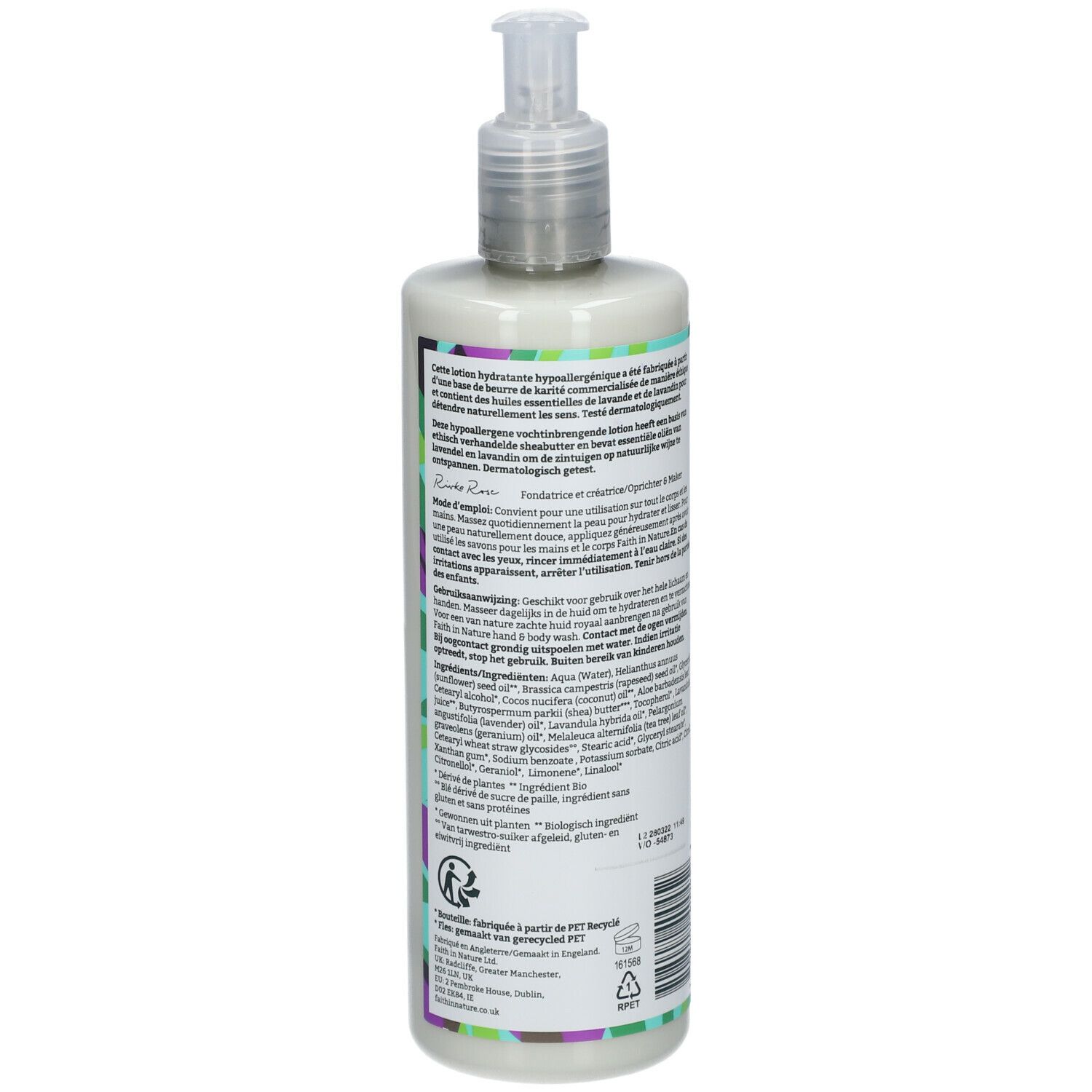 Dos du flacon de lotion. Texte multilingue. Motif feuilles vertes et violettes. Avec distributeur.