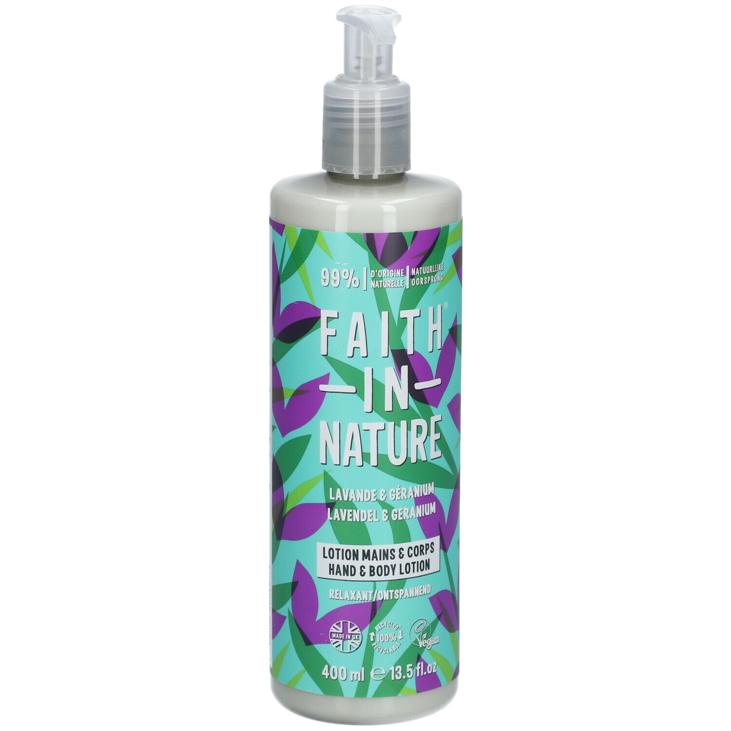 Flacon de lotion. Inscription Faith In Nature. Lavande & Géranium. Avec distributeur. Motif feuilles vertes et violettes.