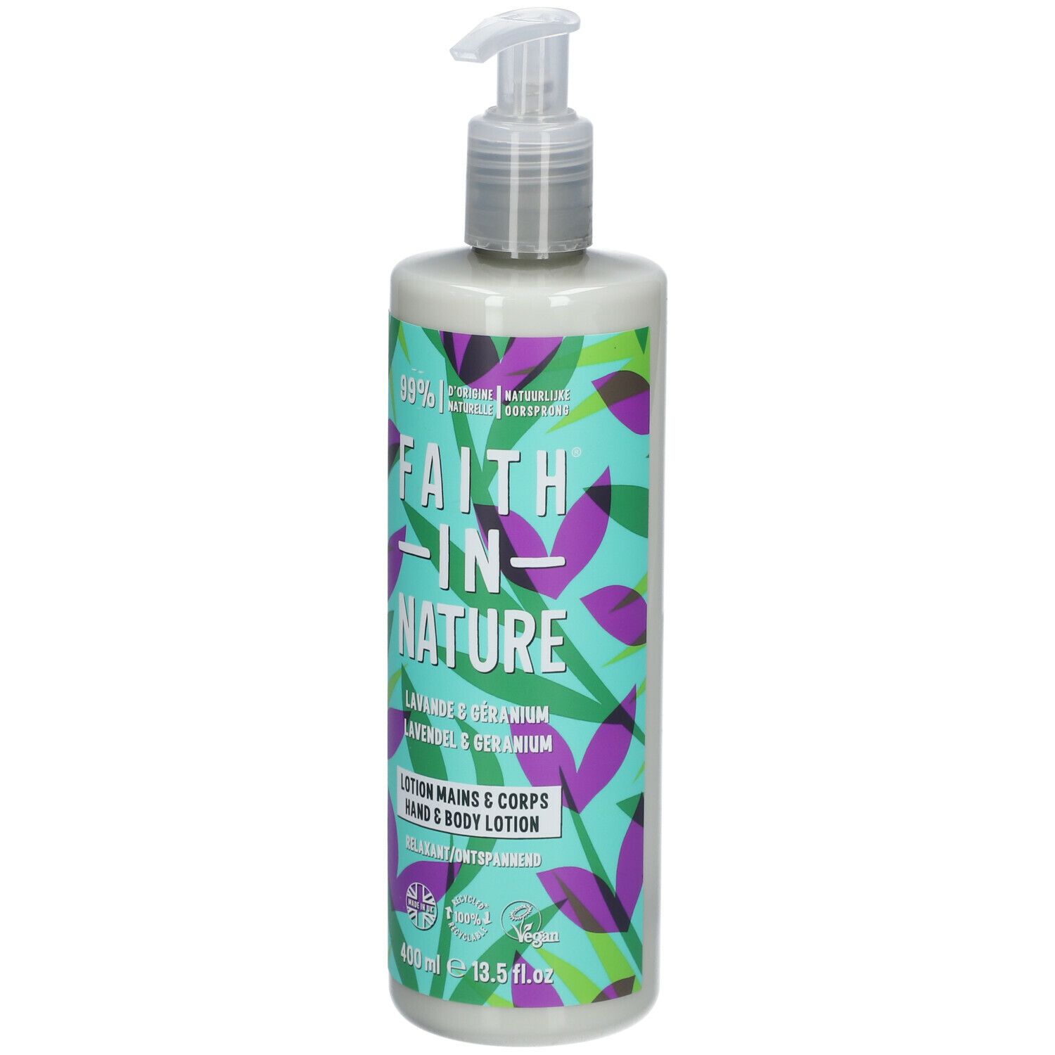 Flacon de lotion. Inscription Faith In Nature. Lavande & Géranium. Avec distributeur. Motif feuilles vertes et violettes.