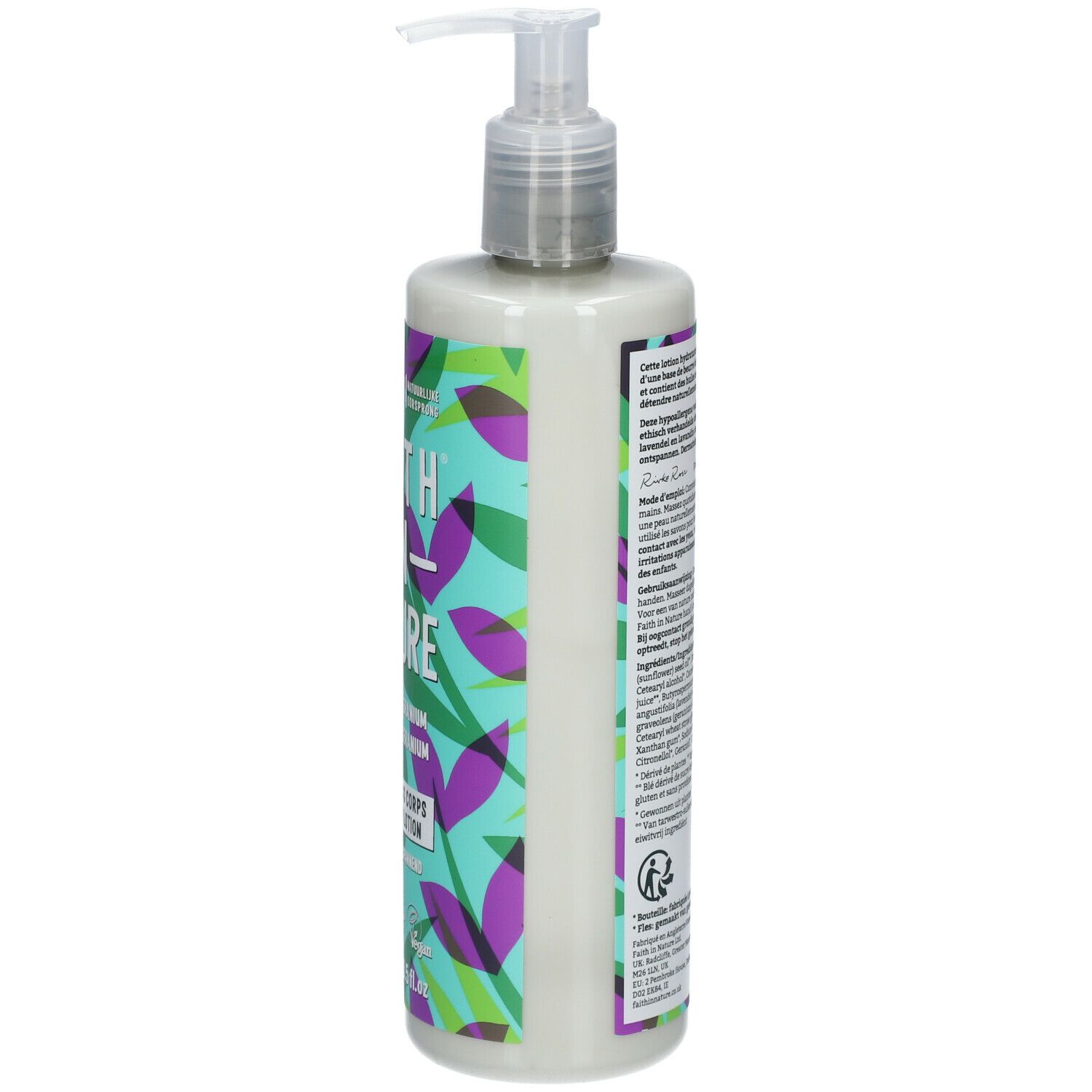Flacon de lotion. Inscription Faith In Nature. Lavande & Géranium. Avec distributeur. Motif feuilles vertes et violettes.