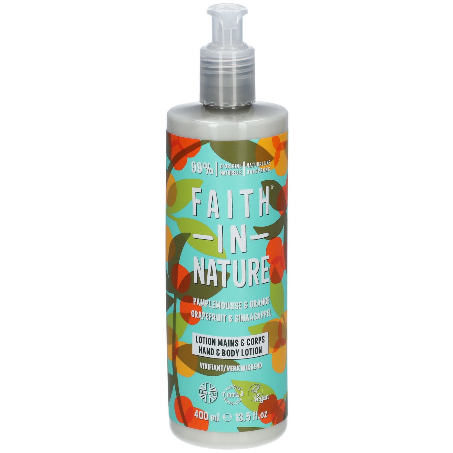 Lotionfles met pomp. Opschrift: Faith In Nature, Pamplemousse & Orange. 400ml.