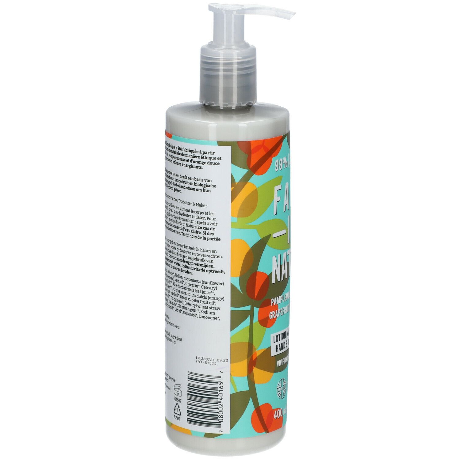 Achterkant lotionfles. Tekst: Faith In Nature, ingrediënten, informatie. 400ml.