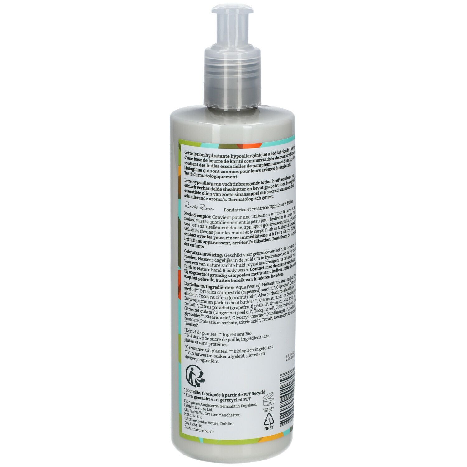 Achterkant lotionfles. Tekst: ingrediënten, informatie, certificeringen. 400ml.