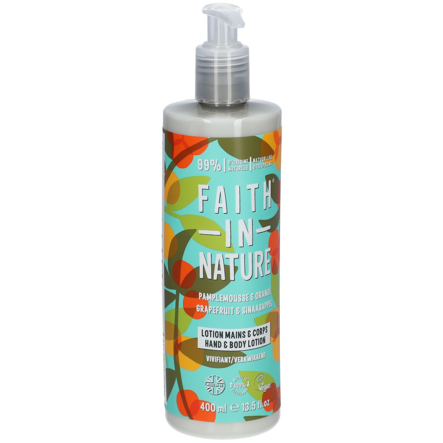 Lotionfles met pomp. Opschrift: Faith In Nature, Pamplemousse & Orange. 400ml.