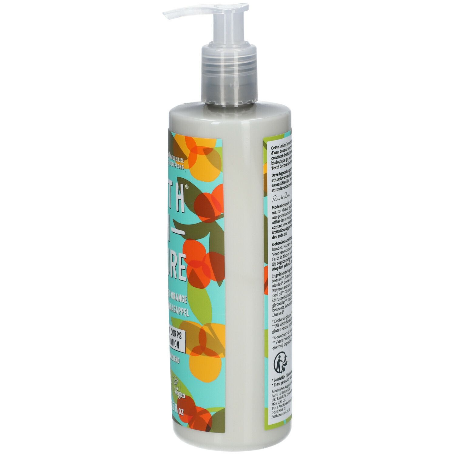 Lotionfles, zijkant. Opschrift: Faith In Nature, Pamplemousse & Orange. 400ml.