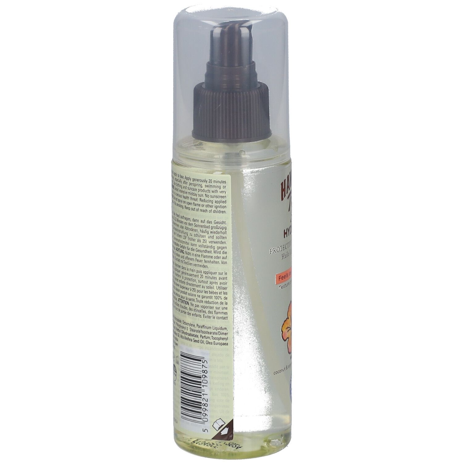 Rückseite der Hawaiian Tropic Silk Hydration Flasche. Textinformationen und Barcode. Transparente Flüssigkeit sichtbar.