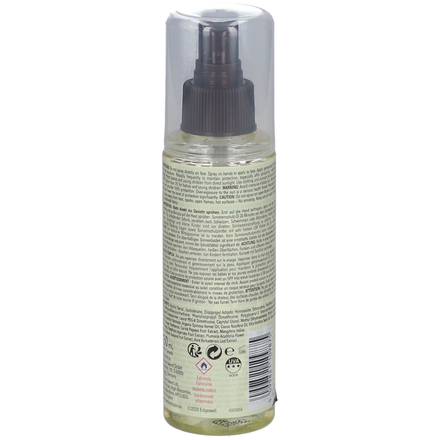 Rückseite der Hawaiian Tropic Silk Hydration Flasche. Textinformationen, Inhaltsstoffe und Warnhinweise. Transparente Flüssigkeit.