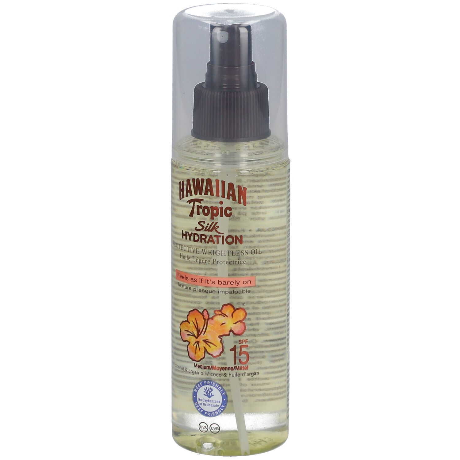 Hawaiian Tropic Silk Hydration Huile Légère Protectrice SPF15. Flasche mit Sprühkopf. Sichtbare Schriftzüge und Blüten-Illustrationen.