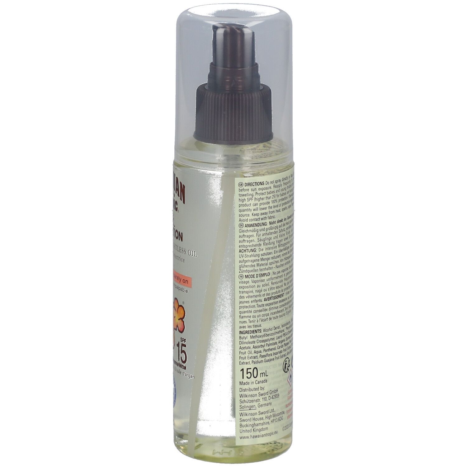 Rückseite der Hawaiian Tropic Silk Hydration Flasche. Textinformationen, Inhaltsstoffe und Warnhinweise. 150ml.
