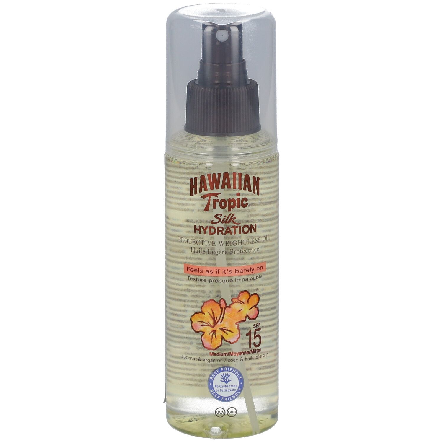 Hawaiian Tropic Silk Hydration Huile Légère Protectrice SPF15. Flasche mit Sprühkopf. Sichtbare Schriftzüge und Blüten-Illustrationen.