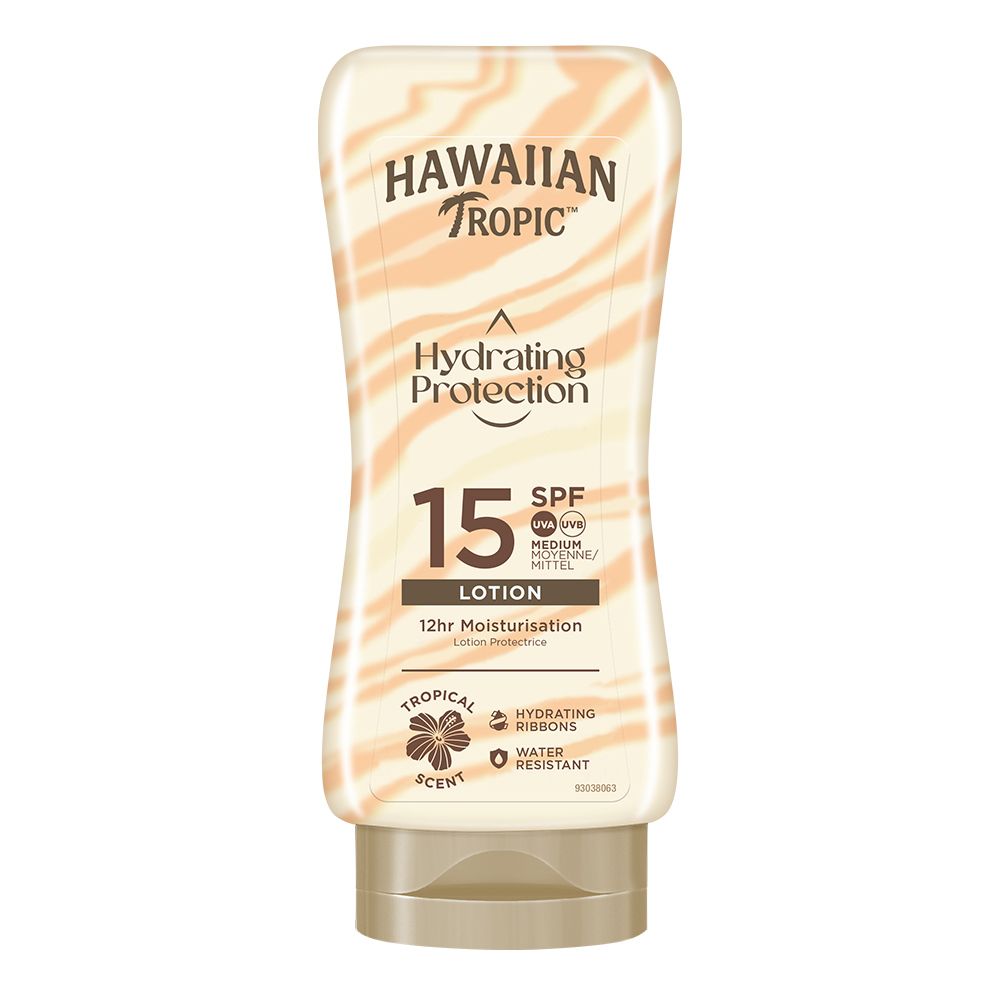 HAWAIIAN Tropic® Sonnenschutzlotion SPF15. Weiße Flasche mit braunem Deckel. Text: Hydrating Protection, SPF 15, Lotion.