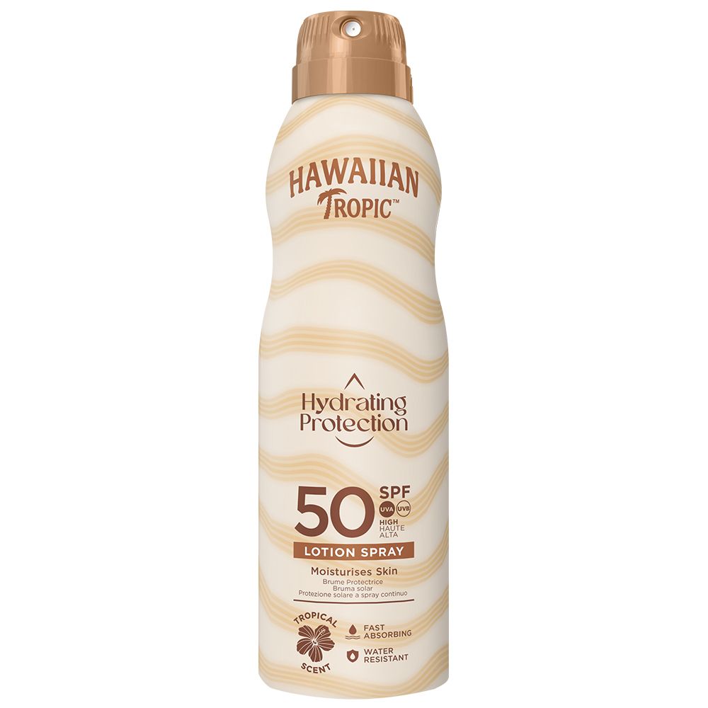 Spray solaire SPF 50. Design blanc et beige à motifs ondulés. Marque Hawaiian Tropic. Hydrating Protection.