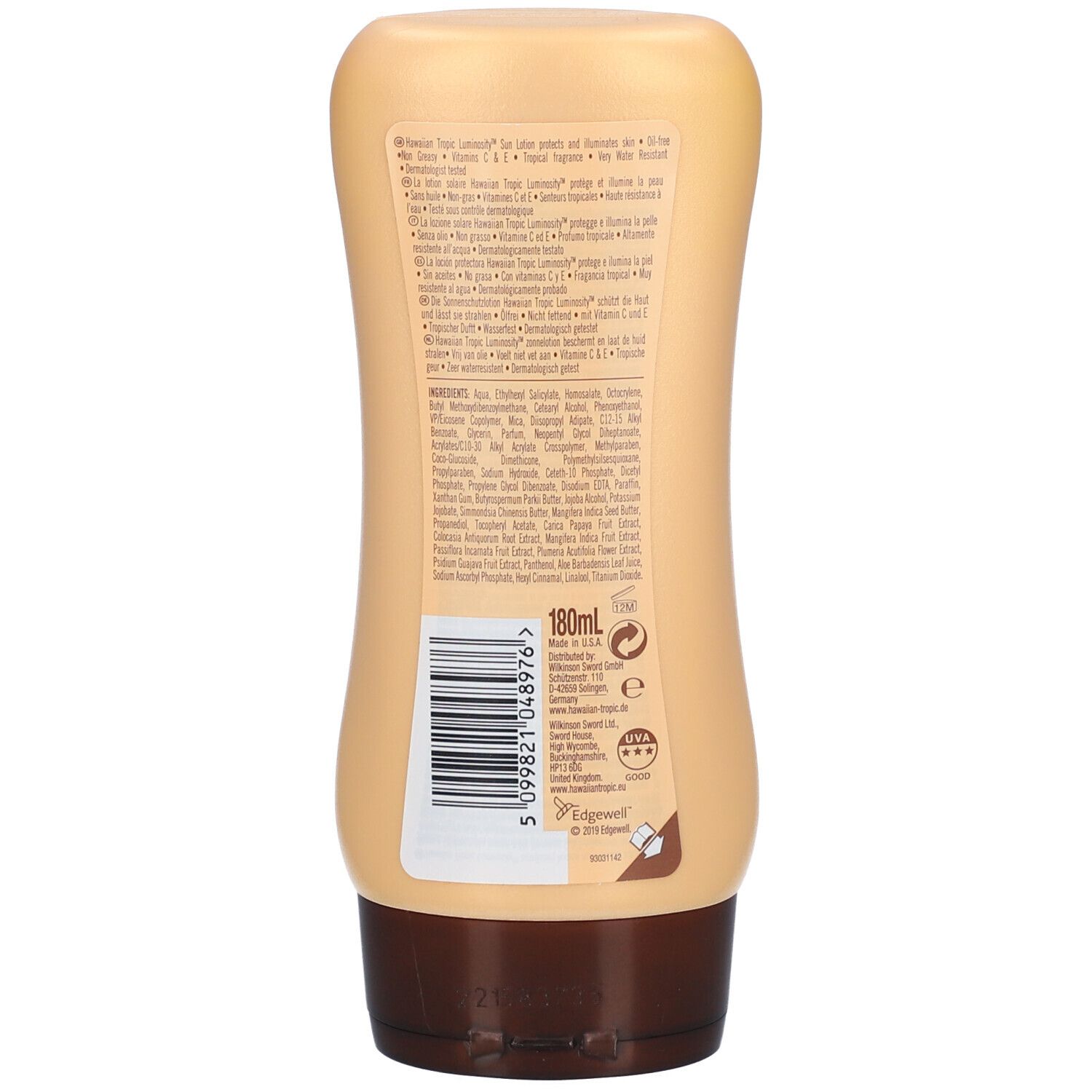 Hawaiian Tropic Luminosity Lotion Solaire Protectrice SPF15. Rückseite der Flasche. Text und Inhaltsstoffe.